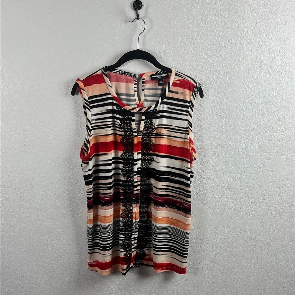 Karl Lagerfeld Women’s Multicolor Striped Blouse with Black Lace Sz L Lace Chic